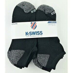 K Swiss Girls 6 Pair Low Cut Socks Black/Grey w Color Size 9-11 Shoe Sz 4-10